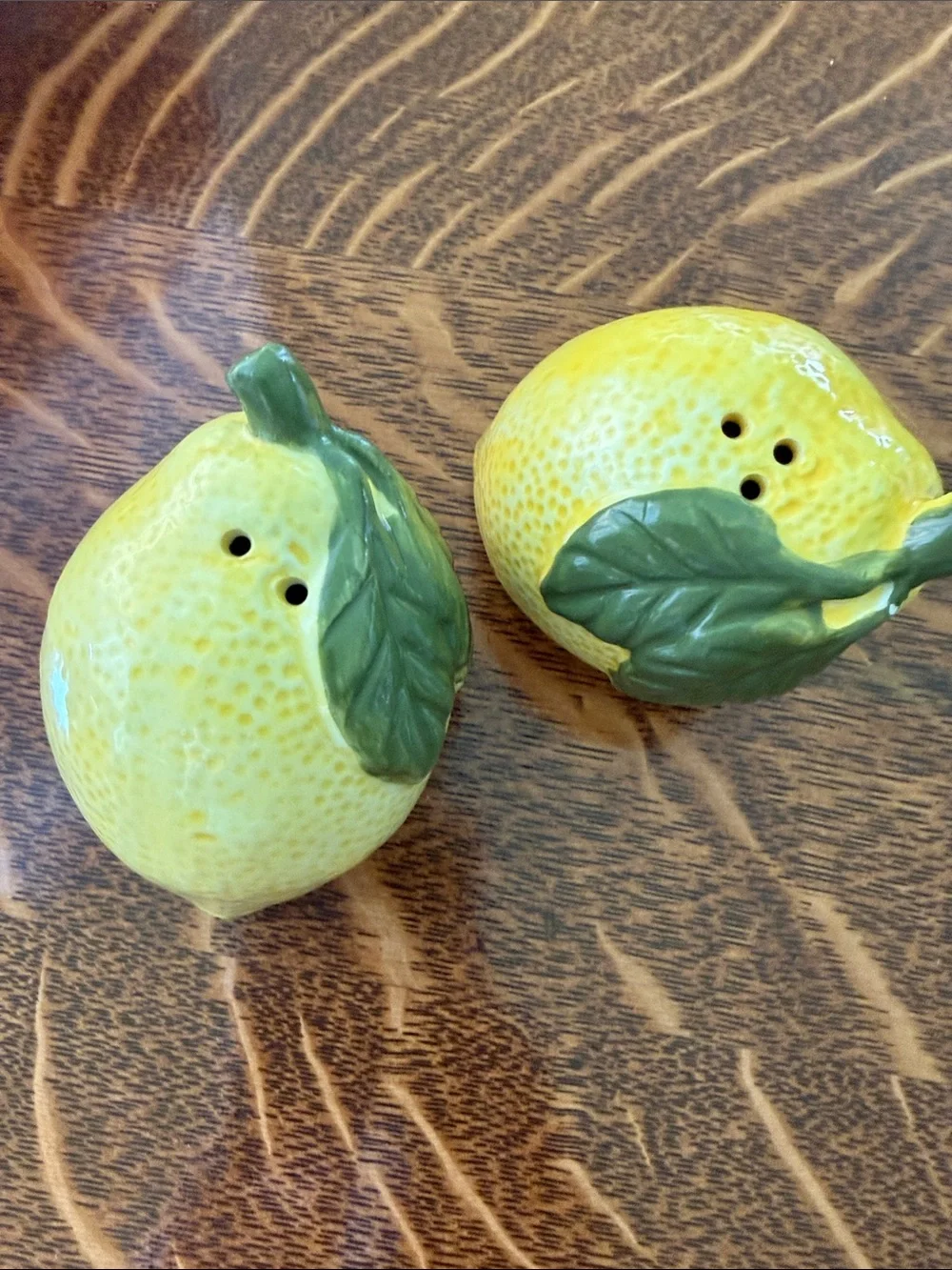 Ceramic Lemon Salt and Pepper Shakers - Yellow with Green Leaves